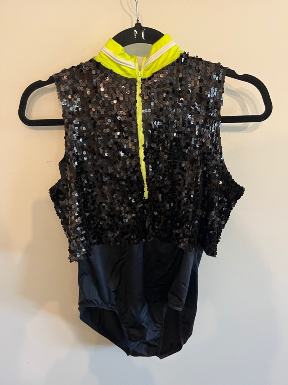 Weissman Black Sequin Bodysuit with Neon Yellow Mock Neck